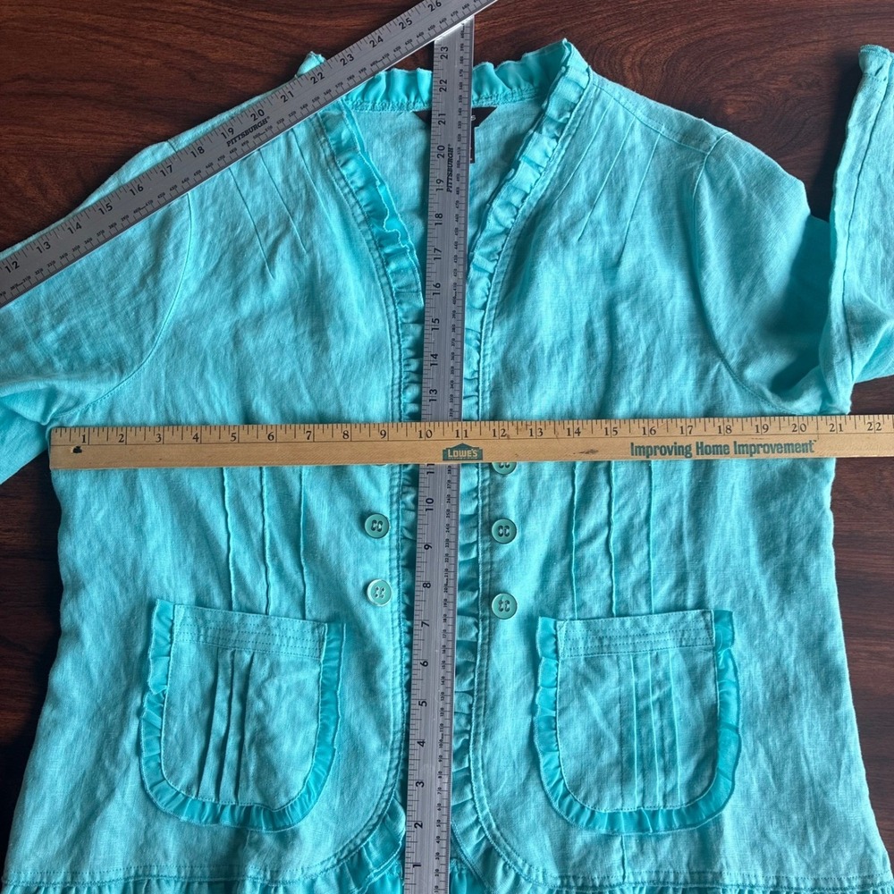 Open Coastal Grandma Open Front Linen Jacket PLg Turquoise Cottagecore BohoChic - Picture 7 of 11